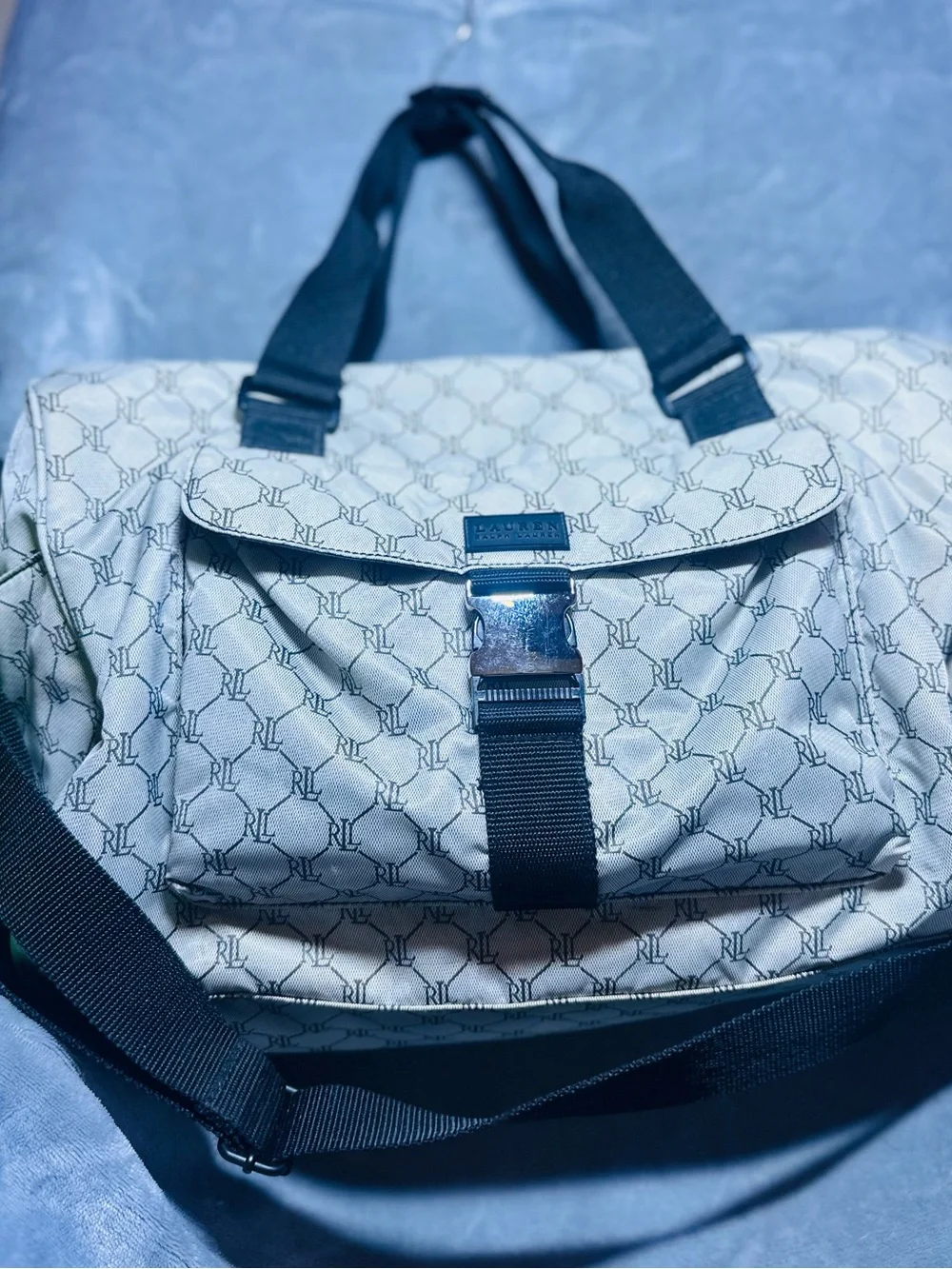 Ralph Lauren Beige Monogram Messenger Bag with Black Strap